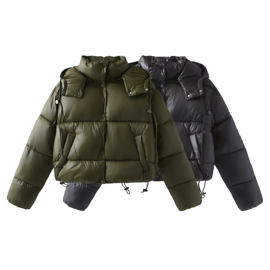 Damen Glänzende Cropped Pufferjacke mit Kordelzug und Druckknopfblende Shop Nory