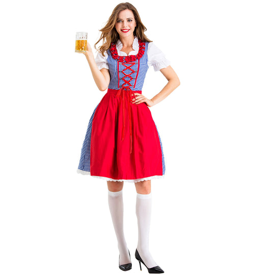 Damen nan Karo-Dirndl mit geschnürter Miederfront, Rüschenkragen und taillierter Schürze Shop Nory