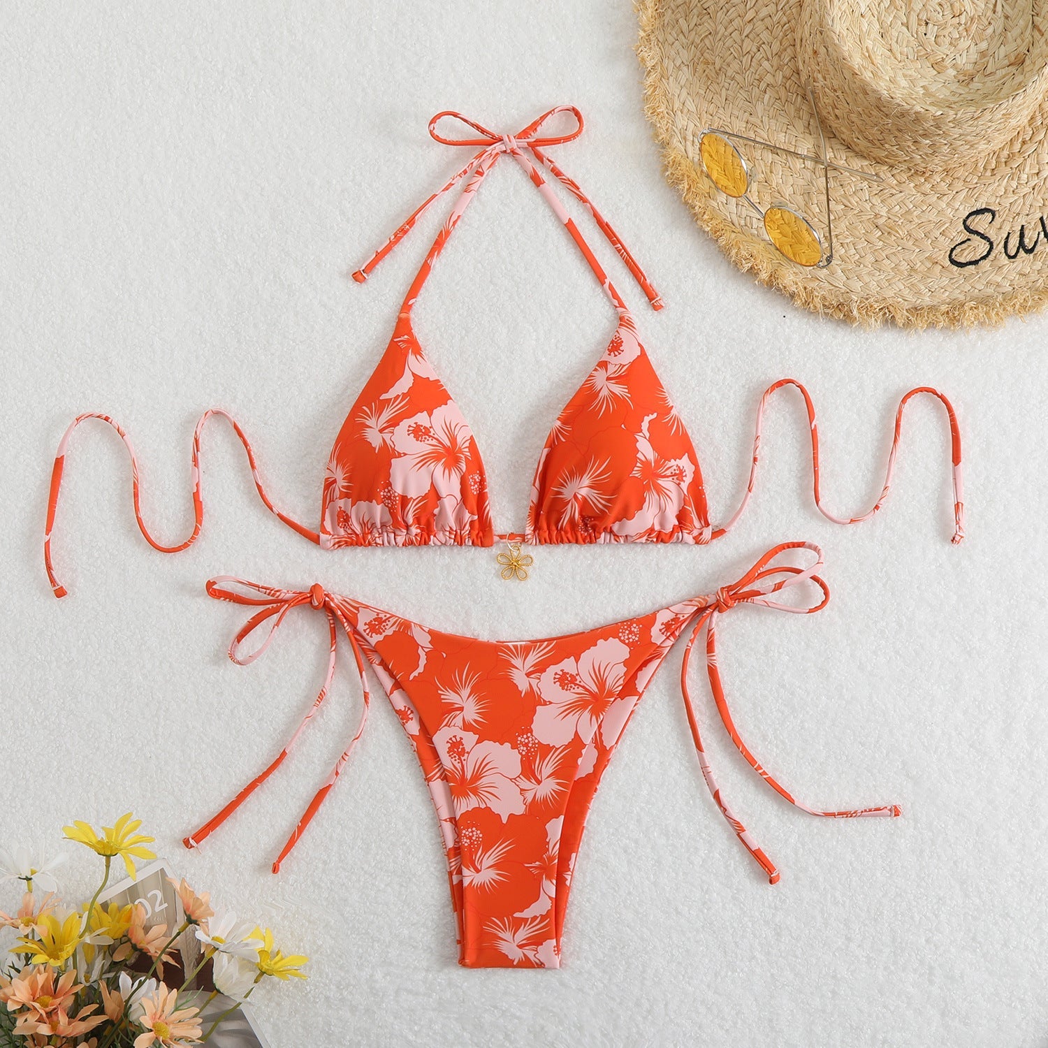 Damen Triangel-Bikini-Set mit floralem Design und verspielten BindShopnoryändern