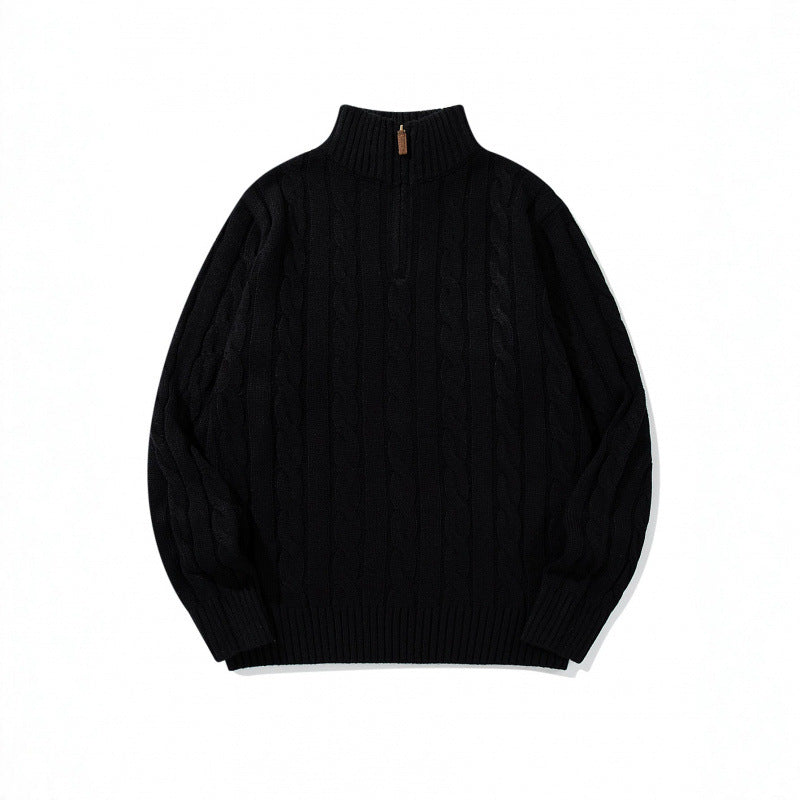 Unisex Grobgestrickter Halbreißverschluss-Zopfmuster-Pullover mit Stehkragen und gerippten Abschlüssen Shop Nory