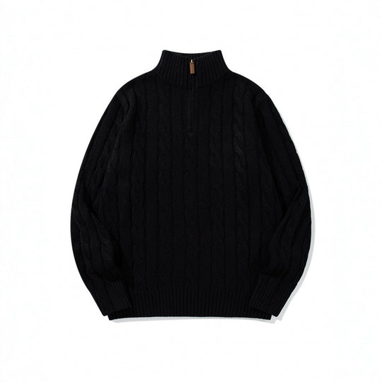 Unisex Grobgestrickter Halbreißverschluss-Zopfmuster-Pullover mit Stehkragen und gerippten Abschlüssen Shop Nory