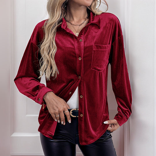 Damen Samtbluse mit Brusttasche, legerer Hemdkragen und Knopfleiste Shop Nory