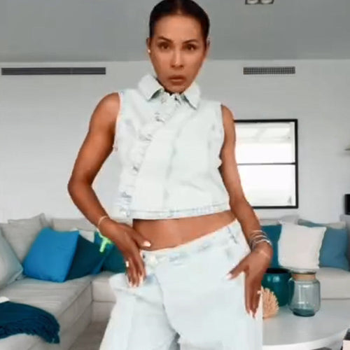 Damen Gekürztes ärmelloses Denim-Set mit taillierter Weste & weiter High-Waist-Hose Shop Nory