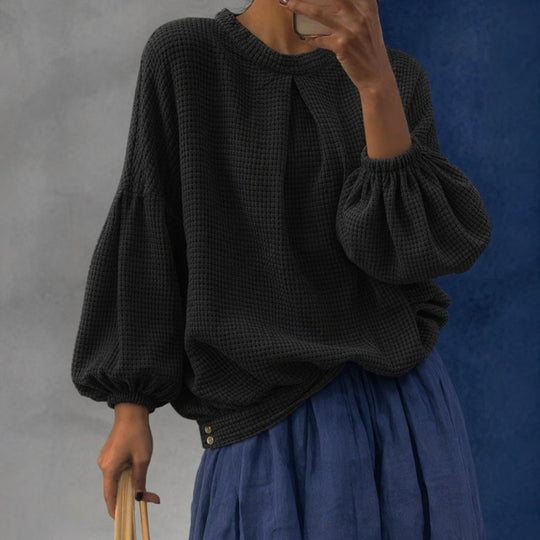 Damen Oversize Waffelstrickpullover mit Ballonärmeln und Kellerfalte Shop Nory