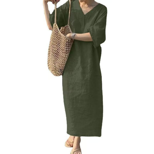 Damen Lässiges Leinen-Maxikleid mit V-Ausschnitt und Oversize-Relax-Fit Shop Nory