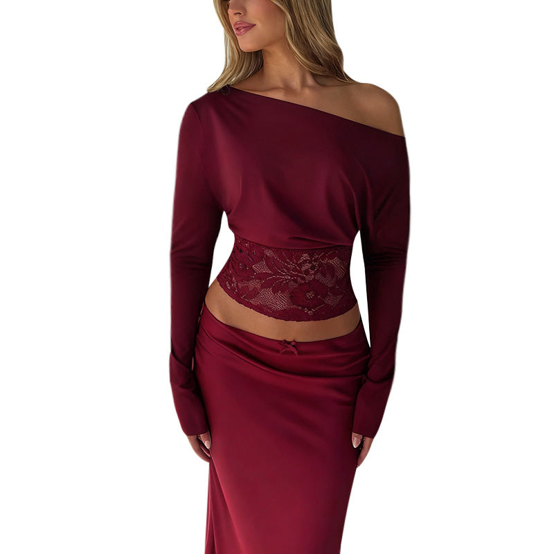 Damen Cropped-Top mit Fledermausärmeln und Spitzen-Taillenband Shop Nory