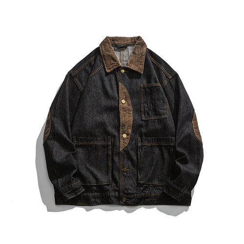 Herren Boxy Denim-Workerjacke mit Cordkragen, Pattentaschen und Ellbogenpatches Shop Nory