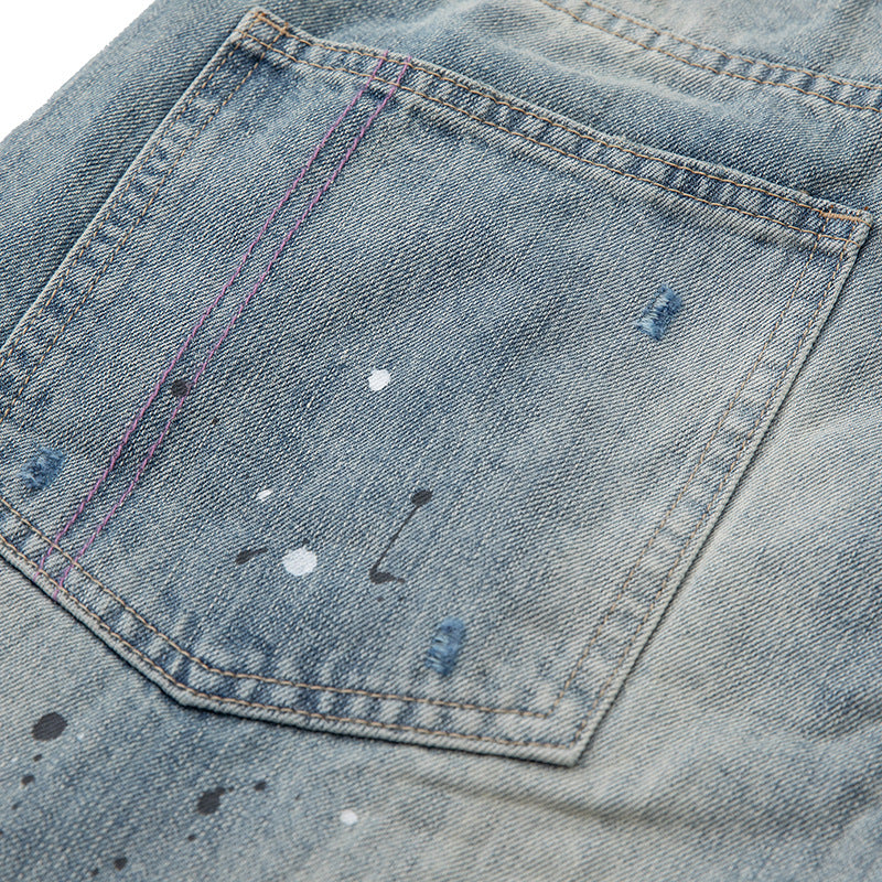 Damen Baggy-Jeans mit hoher Taille, verkürztem Bein und Lackspritzern Shop Nory