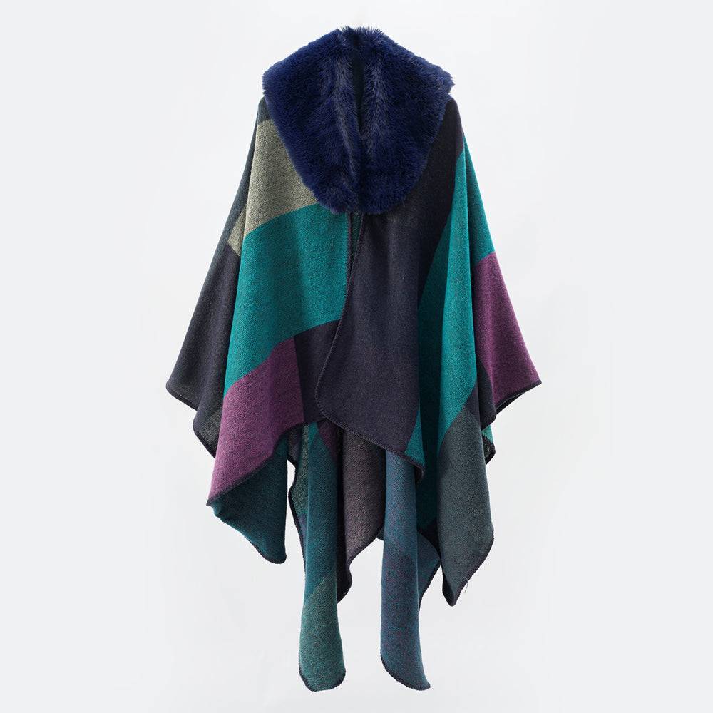 Damen Oversize-Capeponcho mit Kunstfellkragen und Colorblock-Jacquard Shop Nory