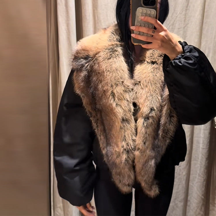 Damen Oversize-Bomberjacke mit voluminösem Fellkragen und Satinärmeln Shop Nory