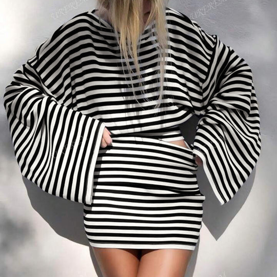 Damen nan gestreiftes Cut-Out-Longsleeve mit weitem Arm und taillierter Schichtung Shop Nory