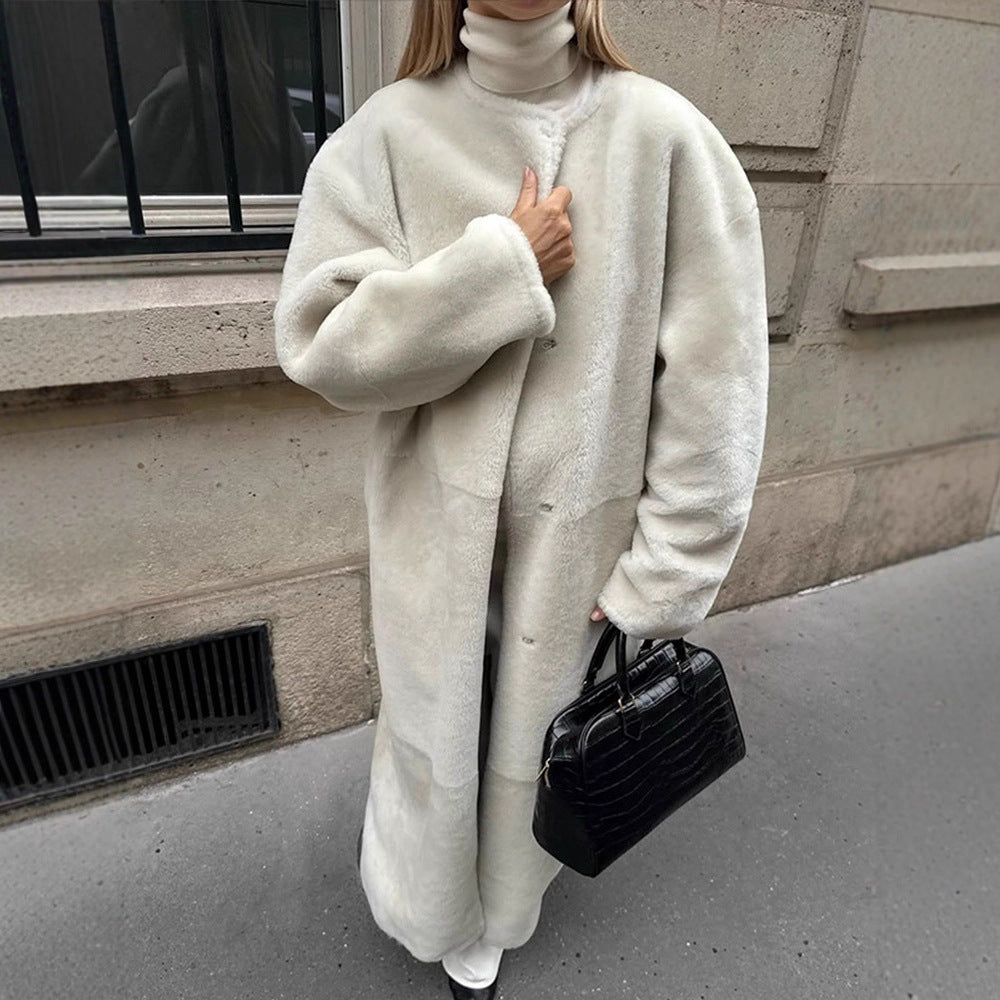 Damen Oversize Langer Kunstfell-Mantel mit Taillengürtel und Stehkragen Shop Nory
