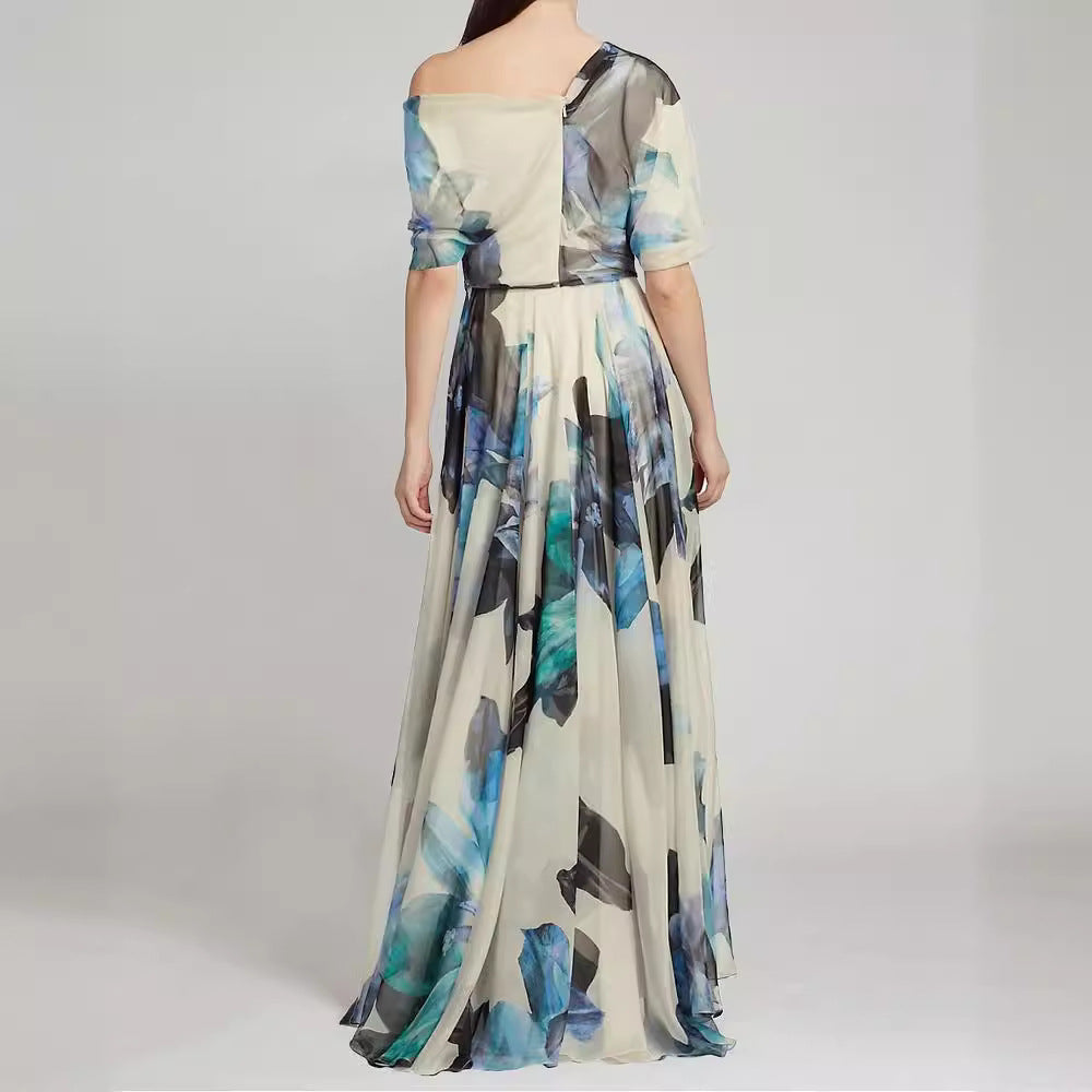 Damen elegantes Chiffon-Kleid mit schulterfreiem Design und floralem Muster