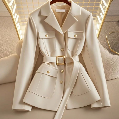 Damen Modischer Blazer mit Taillengürtel und Taschen Shop Nory
