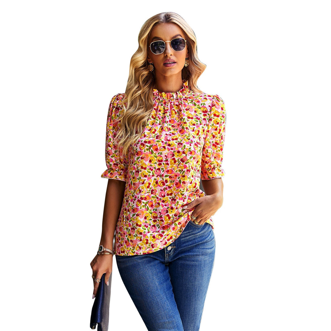 Damen Bluse mit Verspieltem Blumendesign und Puffärmeln