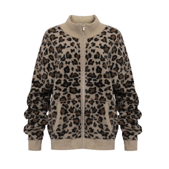Damen Flauschige Teddy-Fleece-Jacke mit Leopardenmuster und Frontreißverschluss Shop Nory