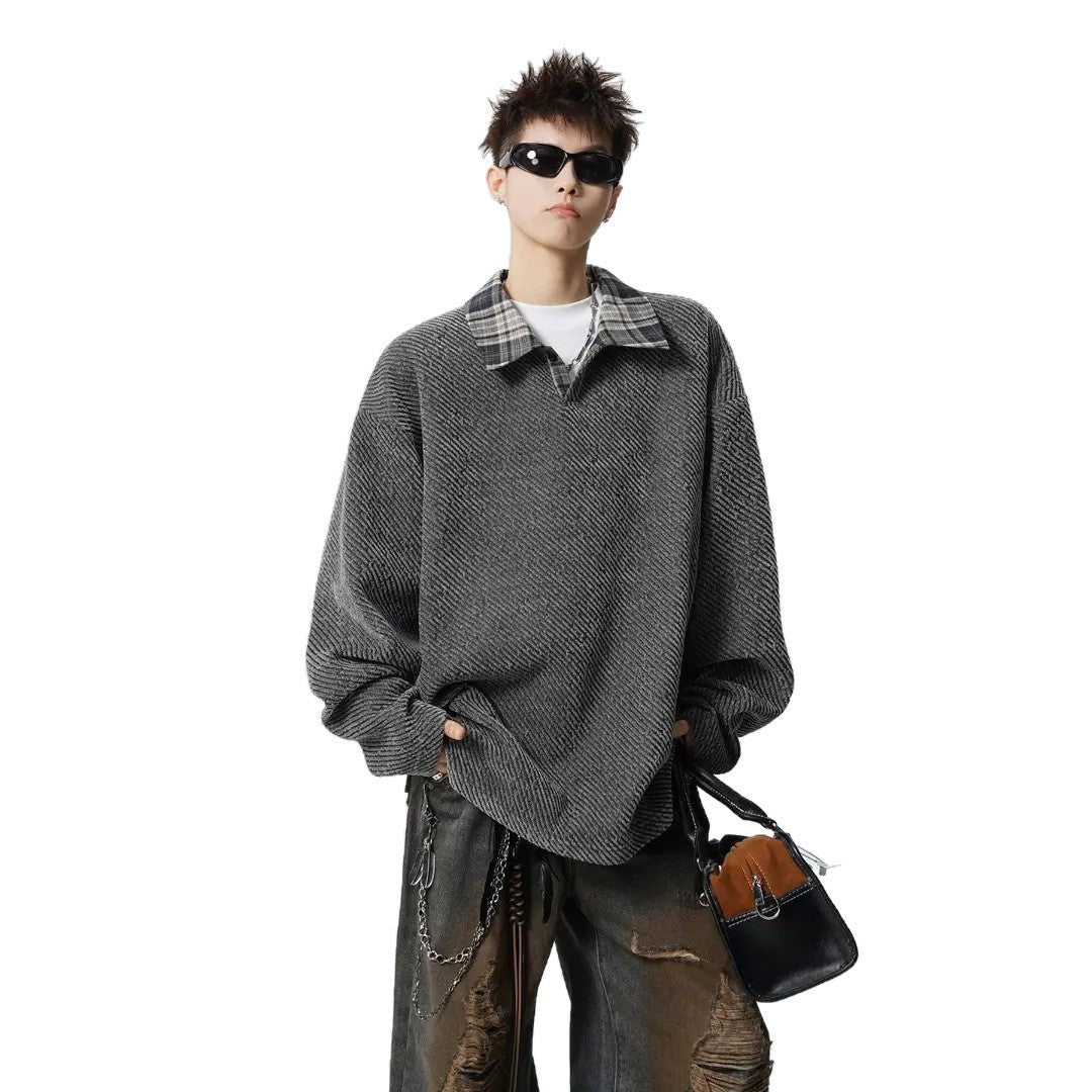 Herren Oversize Strukturiertes Sweatshirt mit Polokragen und diagonaler Strickstruktur Shop Nory