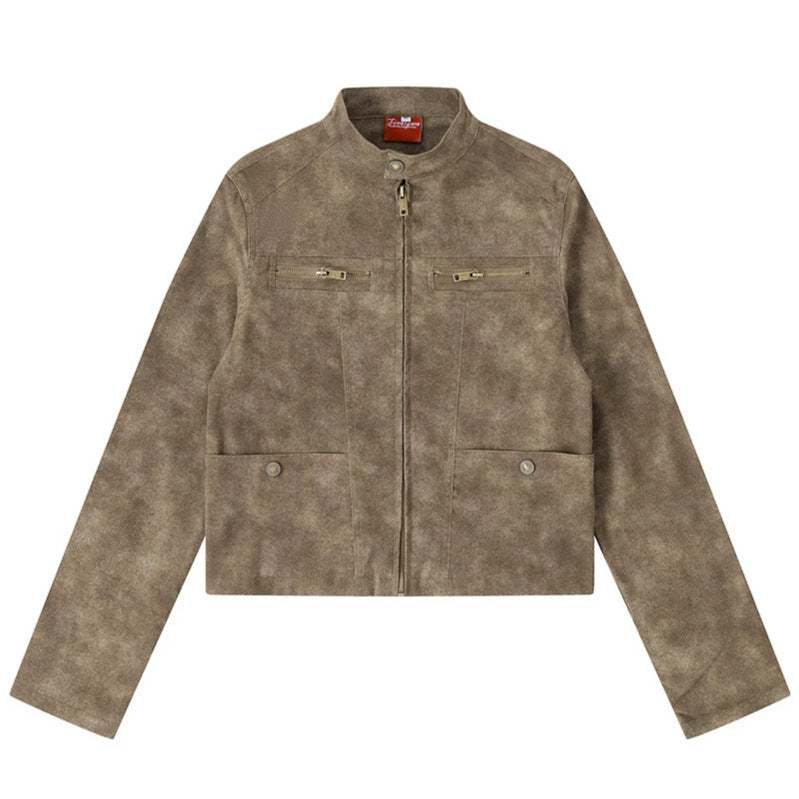 Damen Kurz geschnittene Bikerjacke aus Velours‑Optik mit Stehkragen und Brust‑Zipper Shop Nory