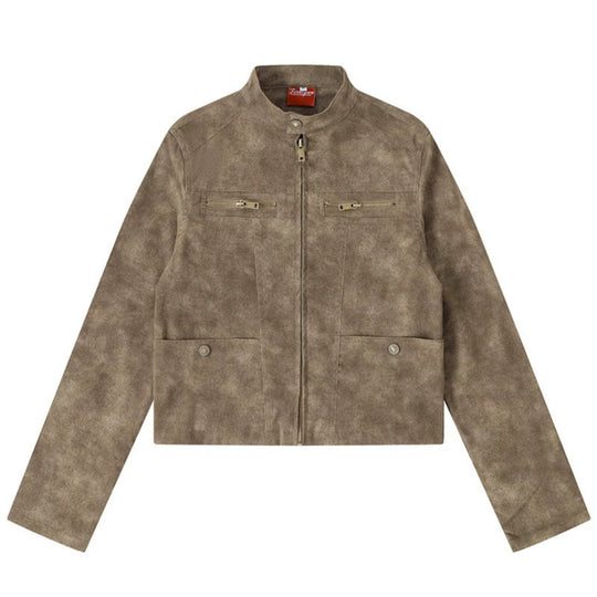 Damen Kurz geschnittene Bikerjacke aus Velours‑Optik mit Stehkragen und Brust‑Zipper Shop Nory