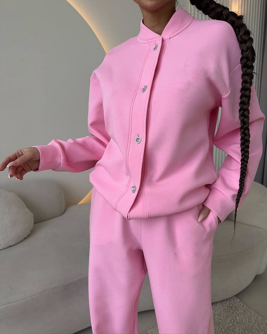 Damen Zweiteiliges Loungewear-Set mit Stehkragen, dekorativen Schmuckknöpfen und weitem Palazzo-Hosenbein Shop Nory