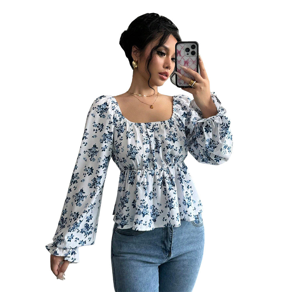 Damen geblümtes Carmen-Top mit geraffter Taillenlinie und Volant-Saum Shop Nory