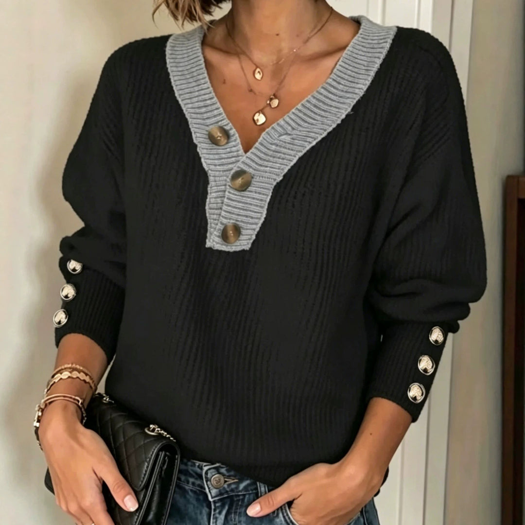 Damen Feinstrickpullover mit tiefem V-Ausschnitt, kontrastierter Knopfleiste und Zierknopf-Ärmeln Shop Nory