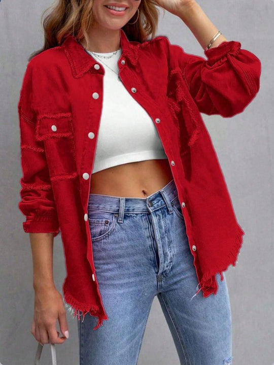 Damen Lässige Oversized-Denim-Hemdjacke mit Rohsaum und Pattentaschen Shop Nory