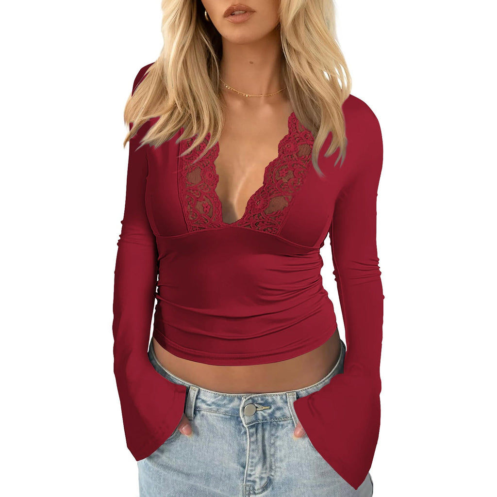 Damen Wickeloberteil mit Spitze und weitem Ärmel