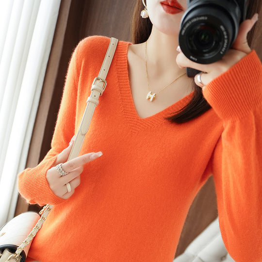Damen Weicher V-Ausschnitt Kaschmirmix-Pullover mit feinen Rippbündchen Shop Nory