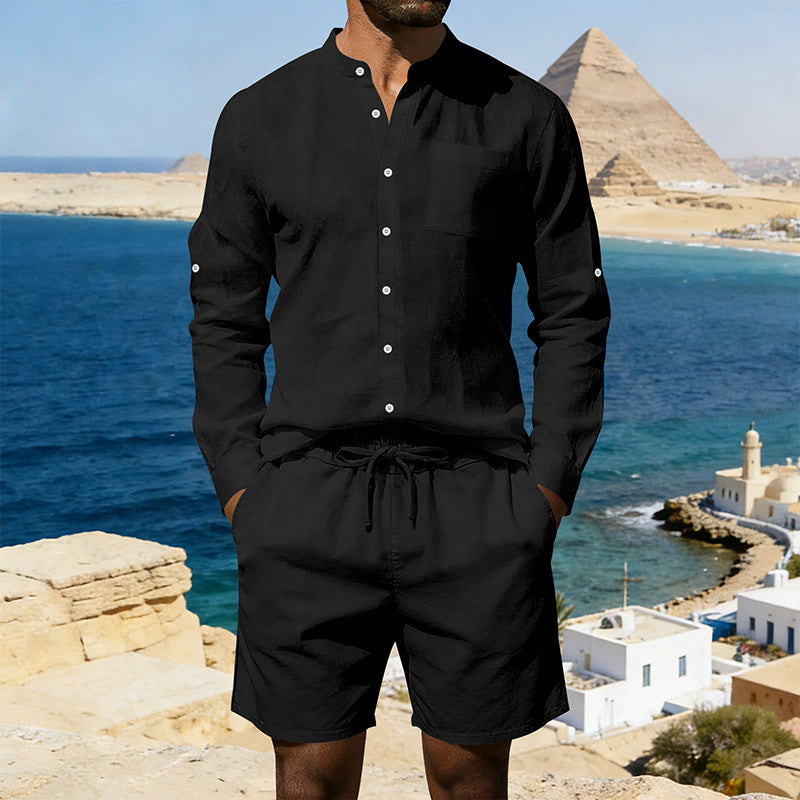 Herren nan sommerliches Leinen-Set mit Stehkragenhemd und Kordelzug-Kurzhose