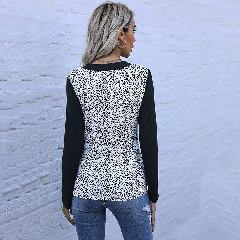 Damen Langarmshirt im Animal-Print mit kontrastierenden Ärmeln, Knopfleiste und Brusttaschen Shop Nory