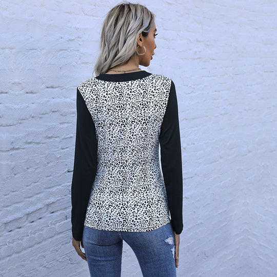Damen Langarmshirt im Animal-Print mit kontrastierenden Ärmeln, Knopfleiste und Brusttaschen Shop Nory