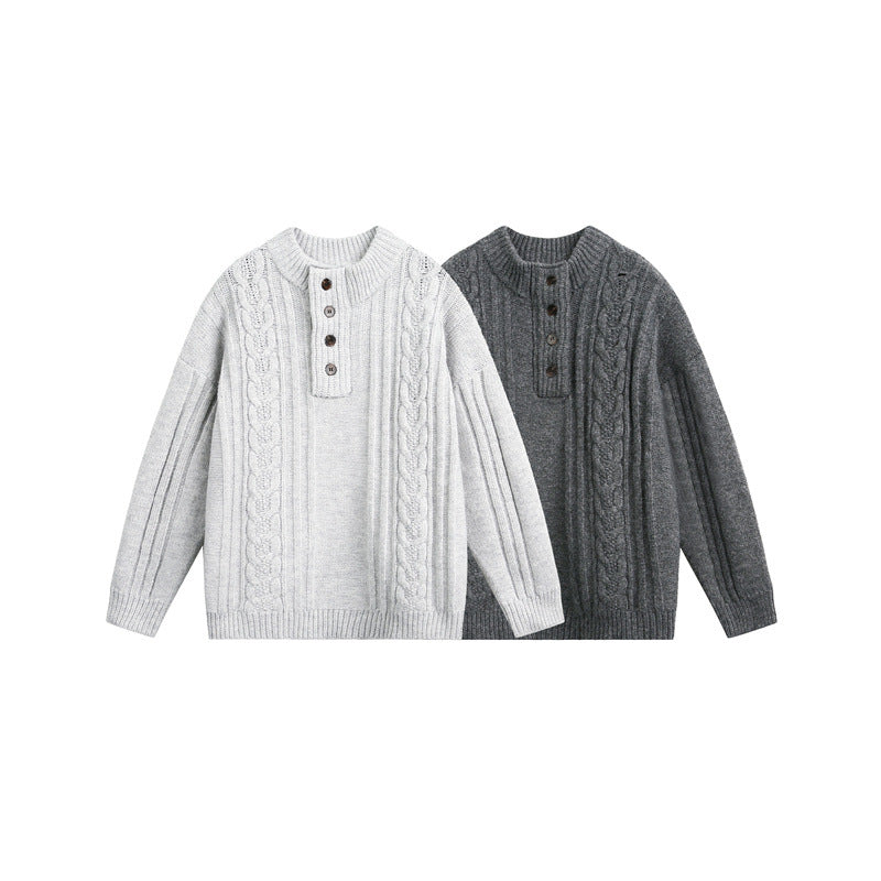 Damen Grobgestrickter Zopf‑Strickpullover mit Henley‑Knopfleiste und Stehkragen Shop Nory