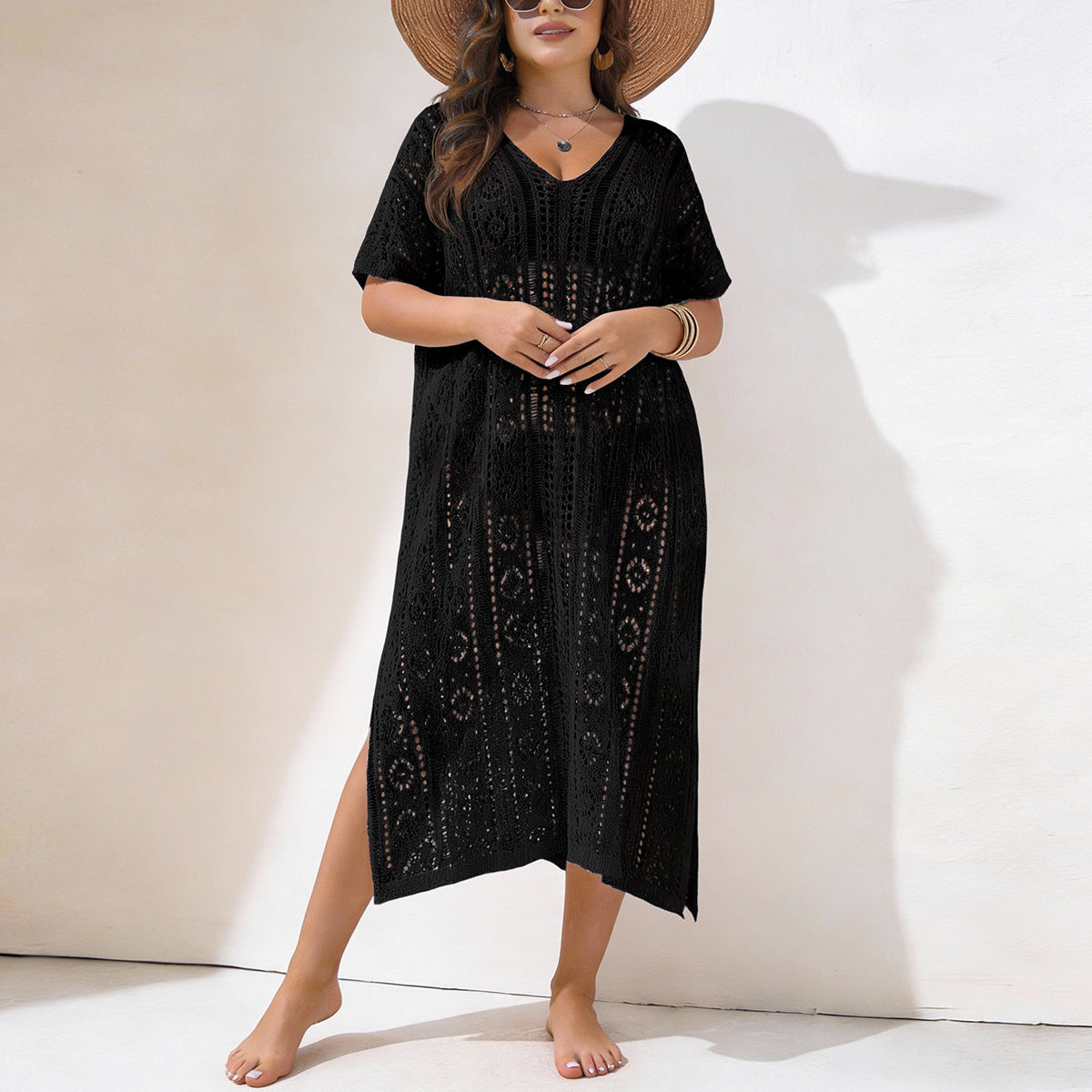Damen Häkelstrandkleid mit V-Ausschnitt und seitlichem Schlitz