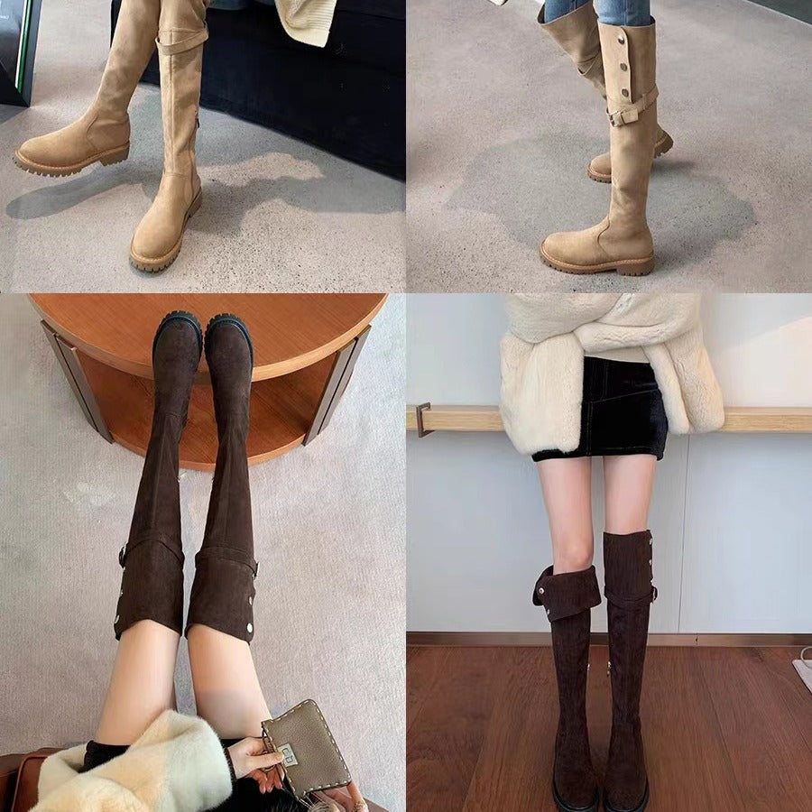 Damen Kniehohe Velours-Winterstiefel mit umklappbarer Schaftrand‑Fütterung und profilierter Lug‑Sohle Shop Nory