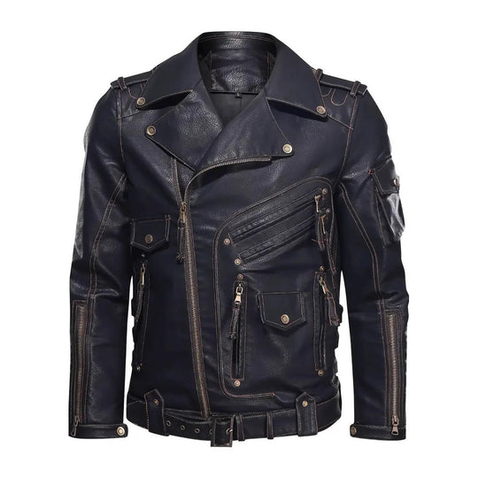 Herren Stylische Bikerjacke mit Mehreren Reißverschlusstaschen und Gürteldetail