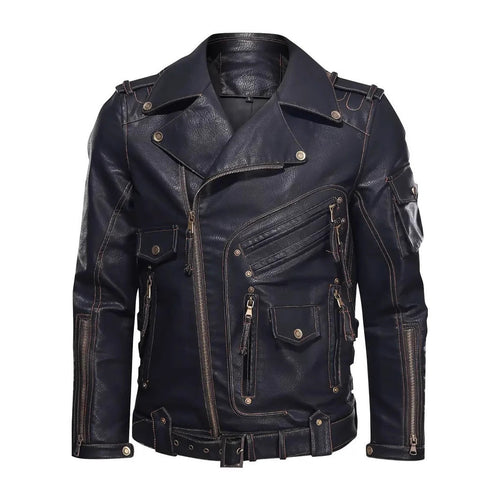 Herren Stylische Bikerjacke mit Mehreren Reißverschlusstaschen und Gürteldetail