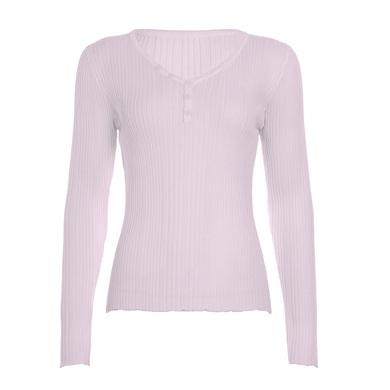 Damen nan feinstrukturierter Rippstrick-Longsleeve mit V-Ausschnitt, Henley-Knopfleiste und taillierter Passform Shop Nory