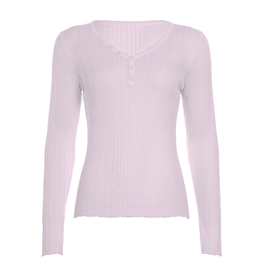 Damen nan feinstrukturierter Rippstrick-Longsleeve mit V-Ausschnitt, Henley-Knopfleiste und taillierter Passform Shop Nory