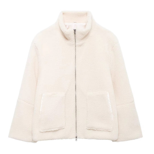Damen Boxy-Teddyfleece-Jacke mit Stehkragen, Zwei-Wege-Reißverschluss und aufgesetzten Taschen Shop Nory