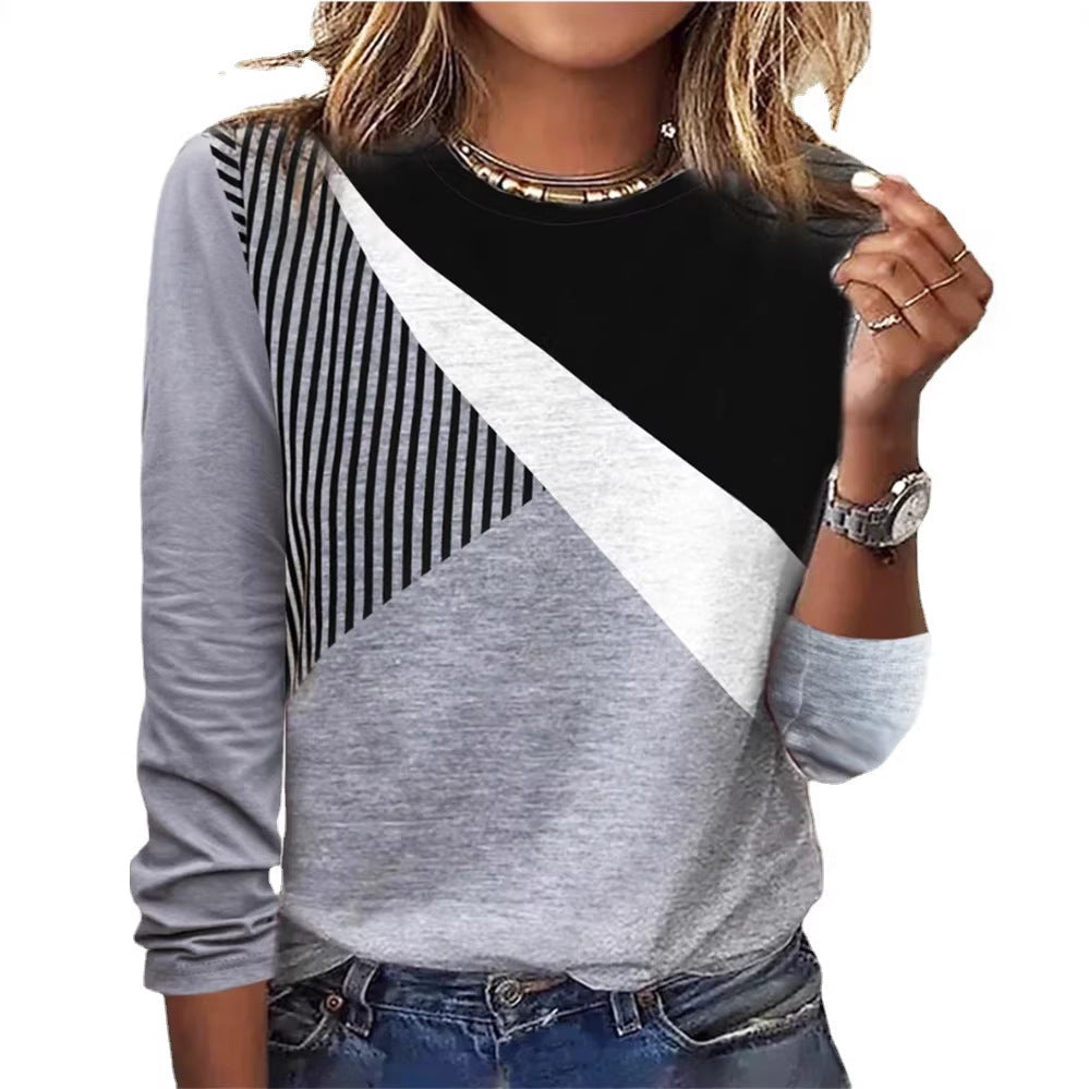 Damen Farbblock Langarmshirt mit schrägem Streifenmuster und Rundhalsausschnitt Shop Nory