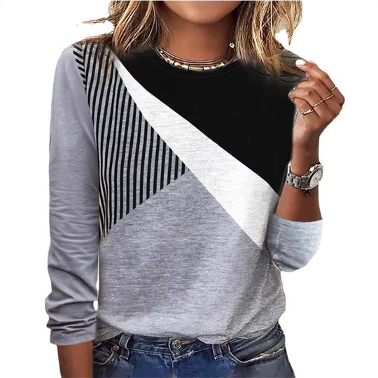 Damen Farbblock Langarmshirt mit schrägem Streifenmuster und Rundhalsausschnitt Shop Nory