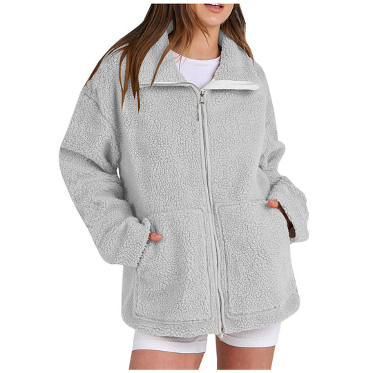 Damen nan oversized Teddyfelljacke mit Stehkragen Reißverschluss und aufgesetzten Taschen Shop Nory