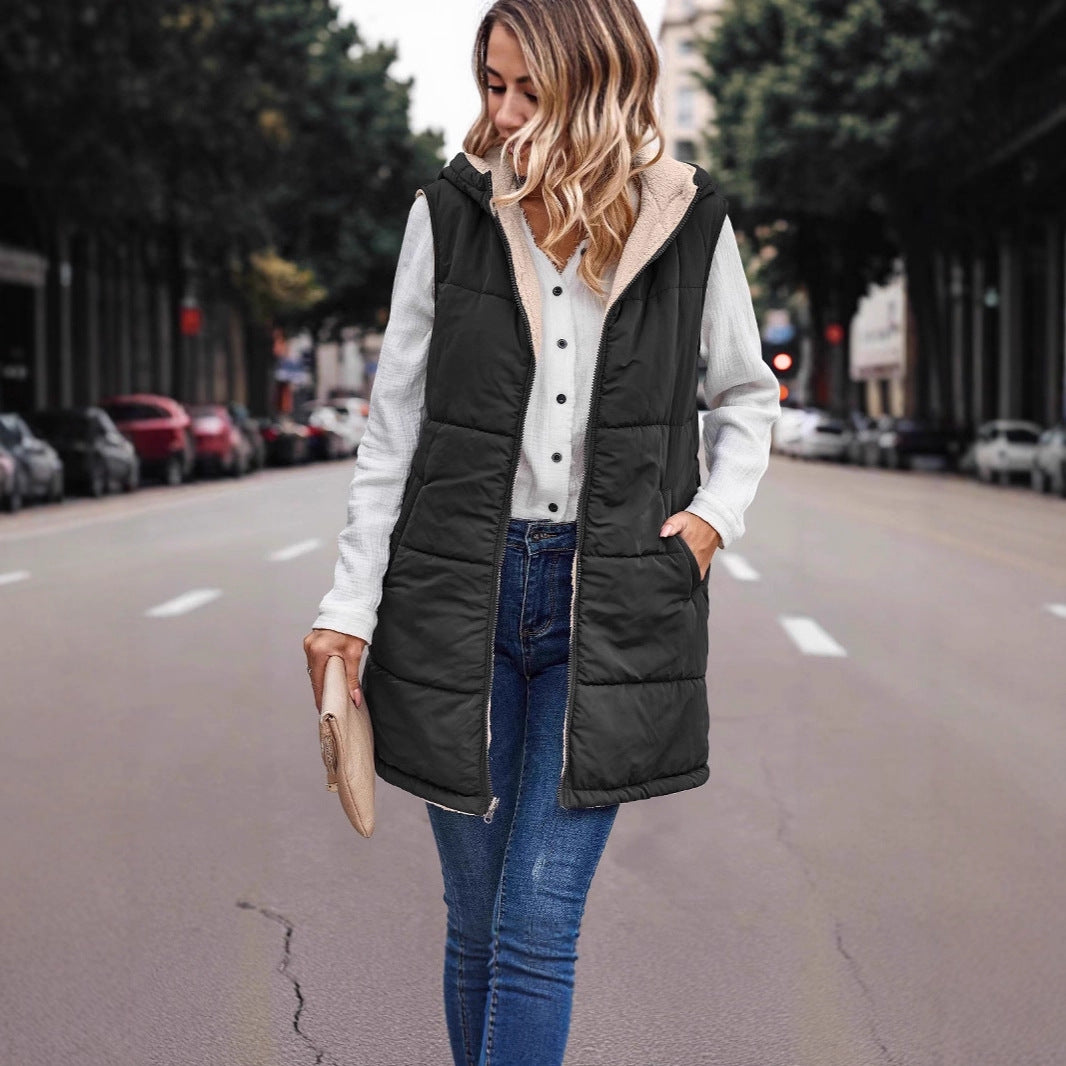 Damen Lange Steppweste mit Kapuze und Teddyfutter Shop Nory