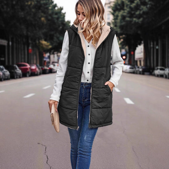 Damen Lange Steppweste mit Kapuze und Teddyfutter Shop Nory
