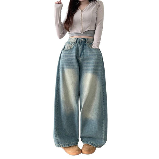 Damen Weite High-Waist Denim-Hose mit Faltenwurf