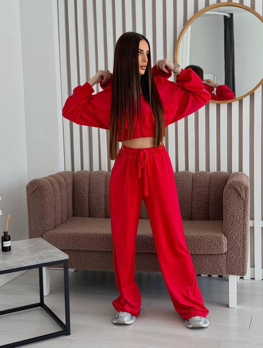 Damen Zweiteiliges Samt-Loungewear-Set mit Cropped-Zipjacke und weiter High-Waist-Sweathose Shop Nory