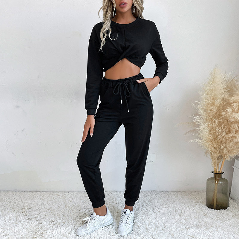 Damen Zweiteiliges Lounge-Set mit gedrehtem kurz geschnittenem Sweatshirt und hochtaillierter Jogginghose Shop Nory