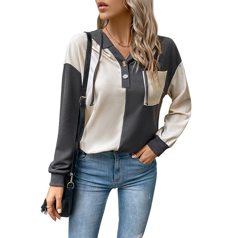 Damen Lässiges Colorblock-Hoodie-Henley mit Waffelstruktur und Brusttasche Shop Nory