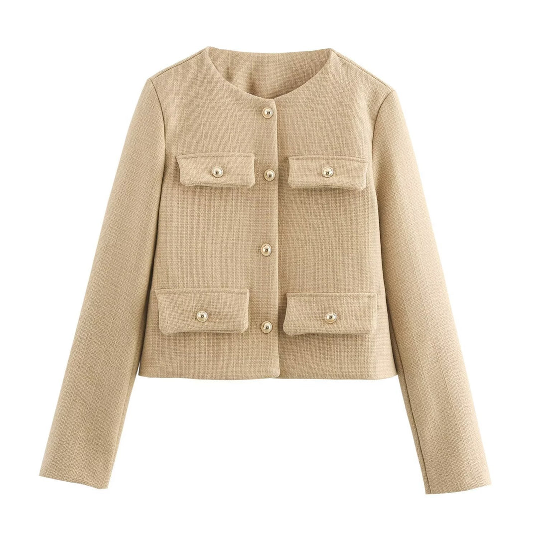 Damen Kurze Bouclé-Blazerjacke mit Rundhalsausschnitt, Zierleistentaschen und goldfarbenen Knöpfen Shop Nory